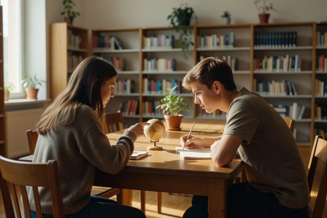 nastolatkowie uczący się w bibliotece